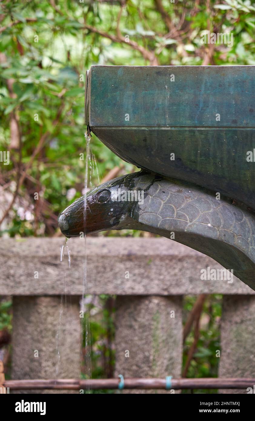 The trickle of water pouring out of yoni of bronze Shiva Linga maintained by the snake at Toganji temple. Nagoya. Japan Stock Photo