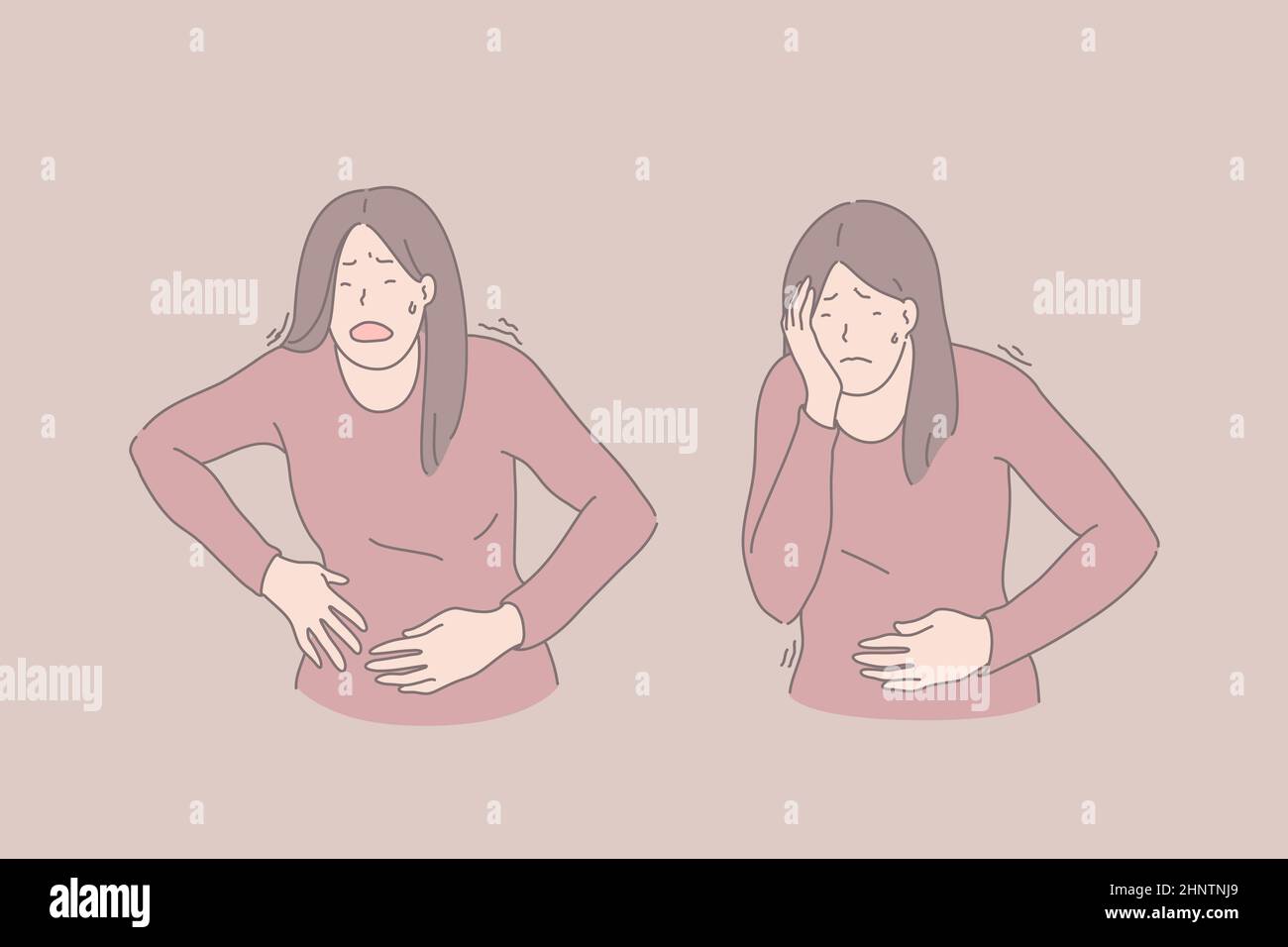 Disease symptoms, abdominal pain, stomach ache and headache, sickness