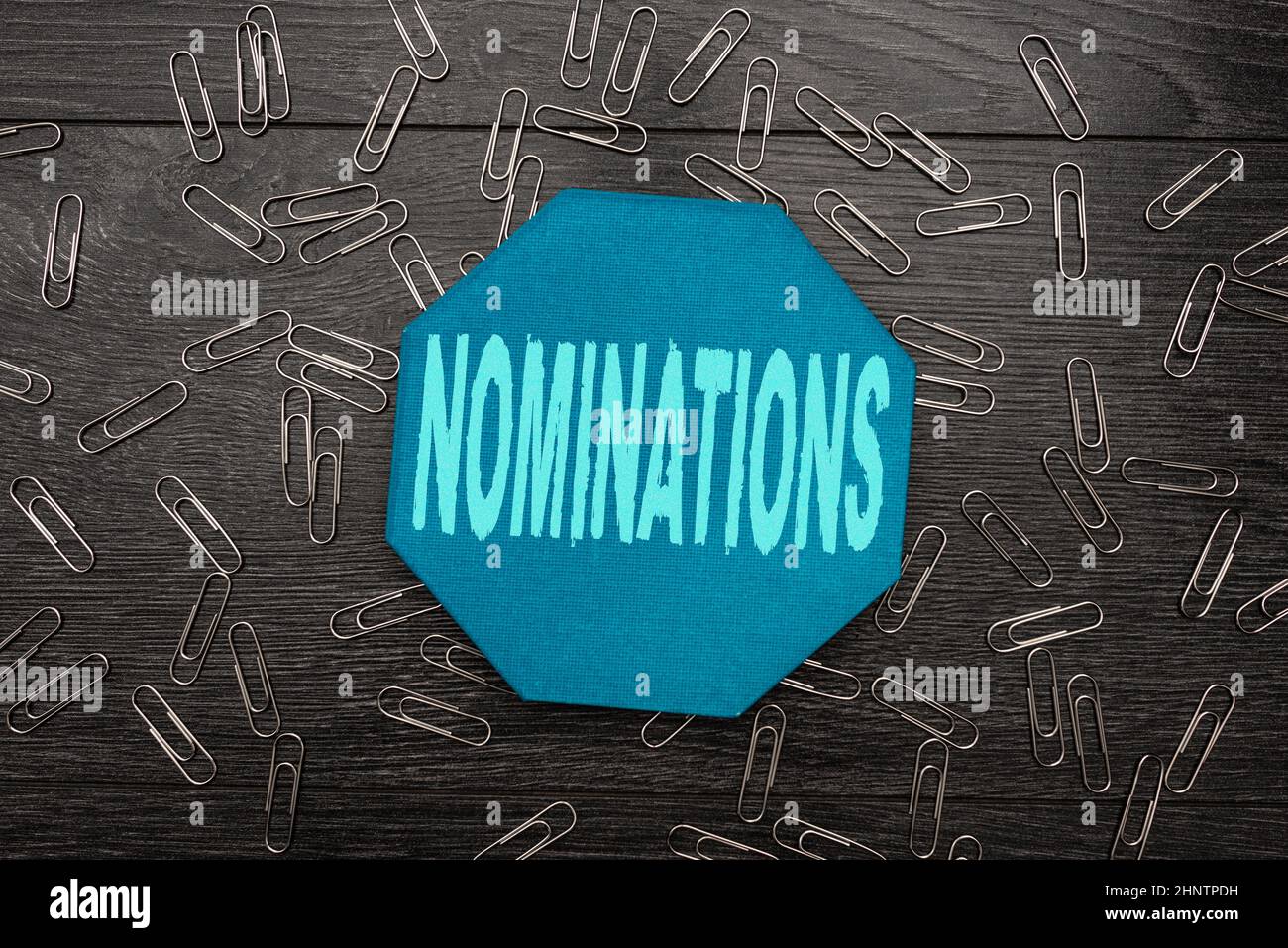 Conceptual caption Nominations, Word for action of nominating or state being nominated for prize Bright New Ideas Fresh Office Design Work Problems An Stock Photo