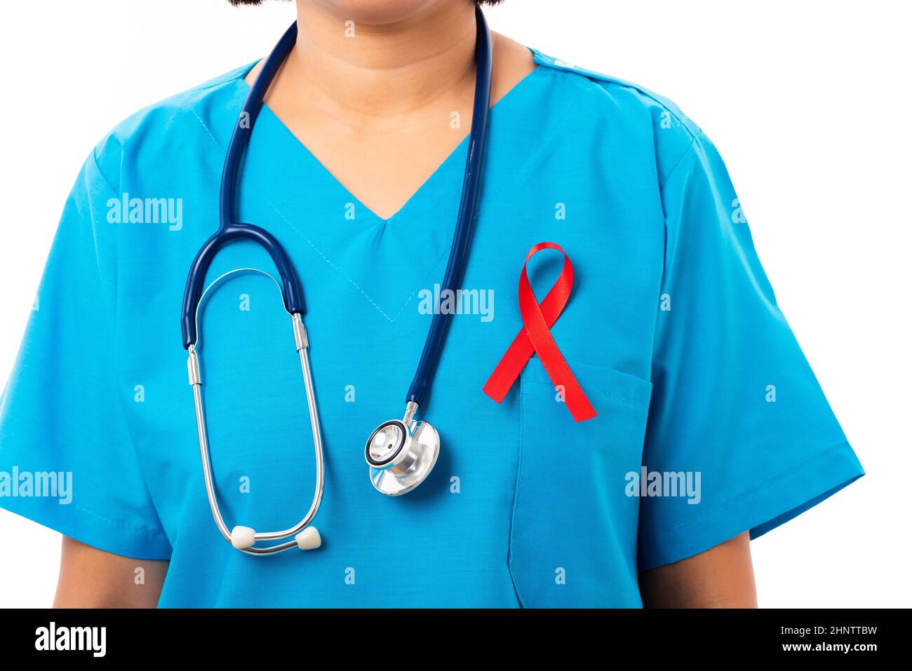Woman nurse in clinic uniform with support HIV AIDS awareness red ...