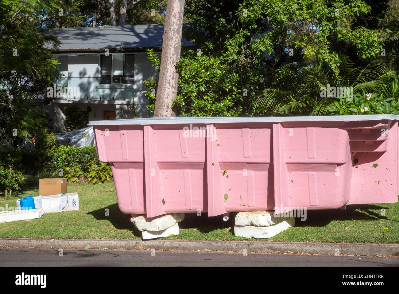 Fibreglass swimming pool being delivered to a house in Sydney Australia