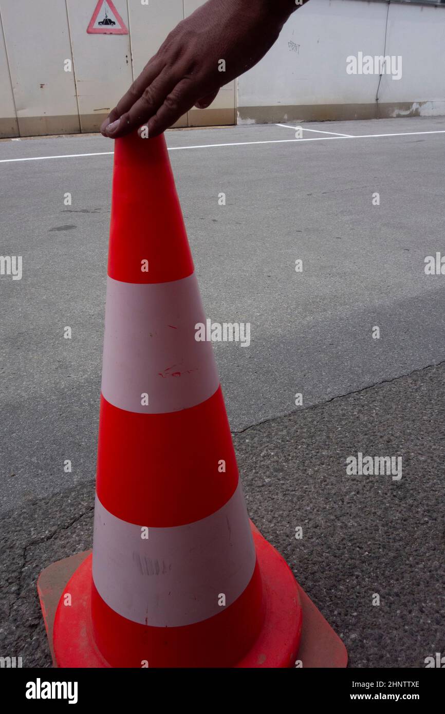 pylon as floor marking or road marking, visible marking for road safety Stock Photo
