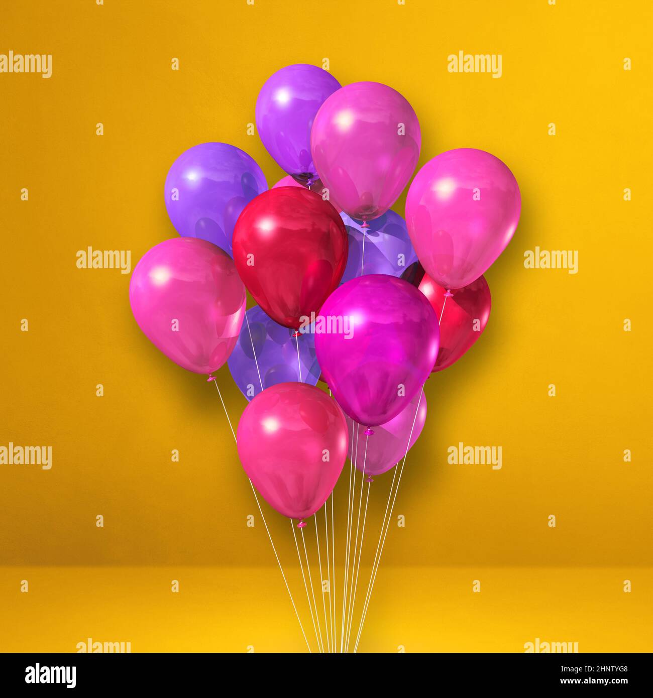 Pink balloons bunch on a yellow wall background. 3D illustration render ...