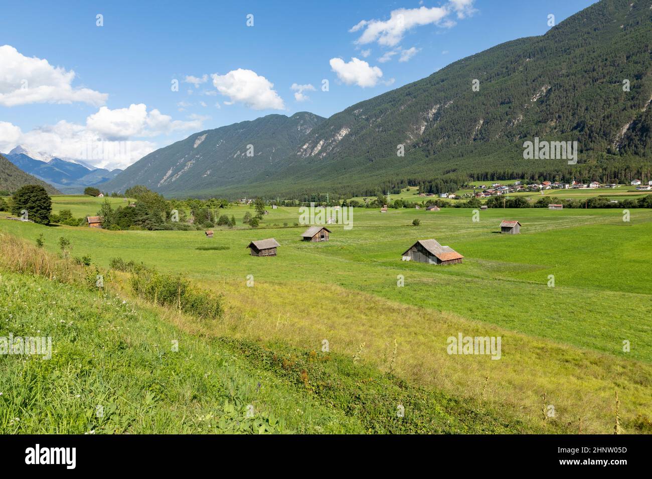 typical tyrolean landscape with fresh grass and bright meadows at Tarrenz, Austria Stock Photo