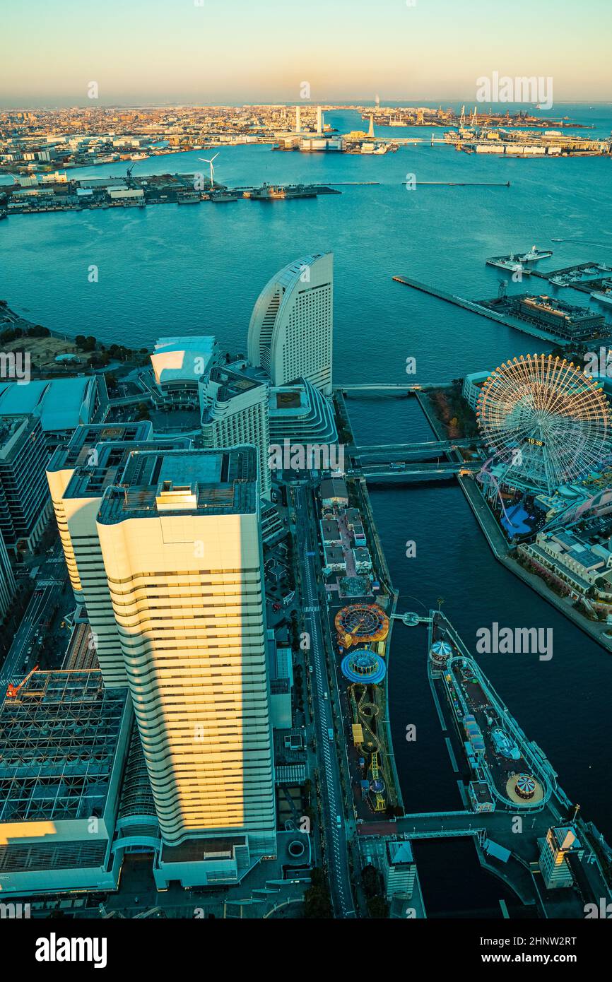 Yokohama city view, Minato Mirai, sunset, Cosmo Word and Ferris wheel Stock Photo