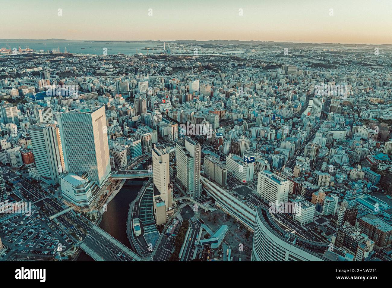 Yokohama city view, Minato Mirai, sunset, Cosmo Word and Ferris wheel Stock Photo