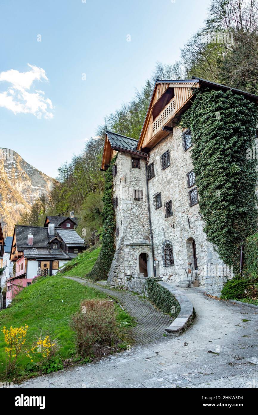 old historic houses in the village of Hallstatt in the Salzkammergut in Austria Stock Photo Alamy