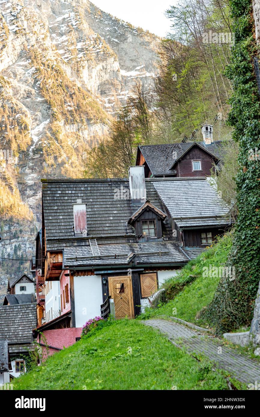 old historic houses in the village of Hallstatt in the Salzkammergut in Austria Stock Photo Alamy