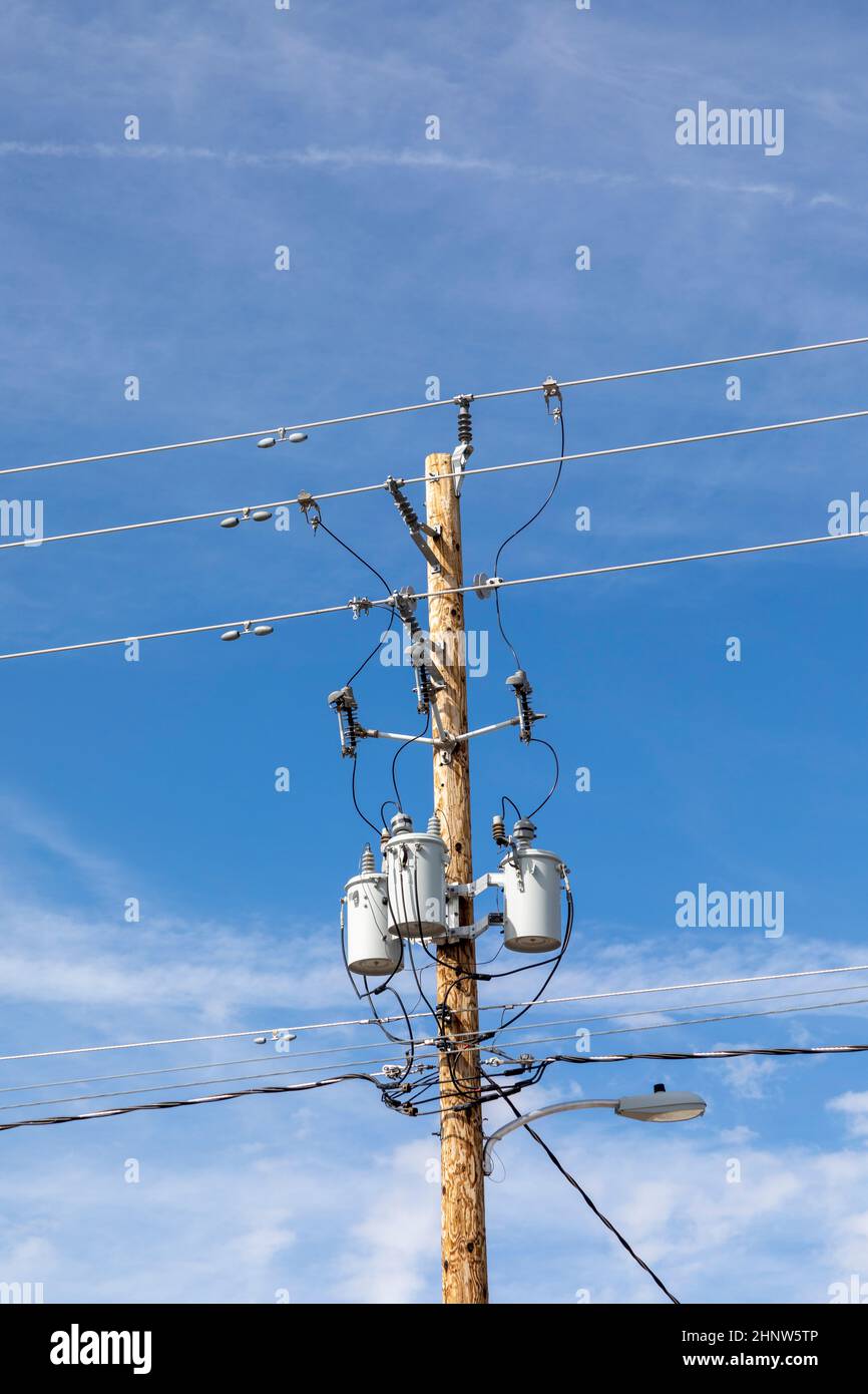 electric pylon with wooden stem in America, USA Stock Photo Alamy