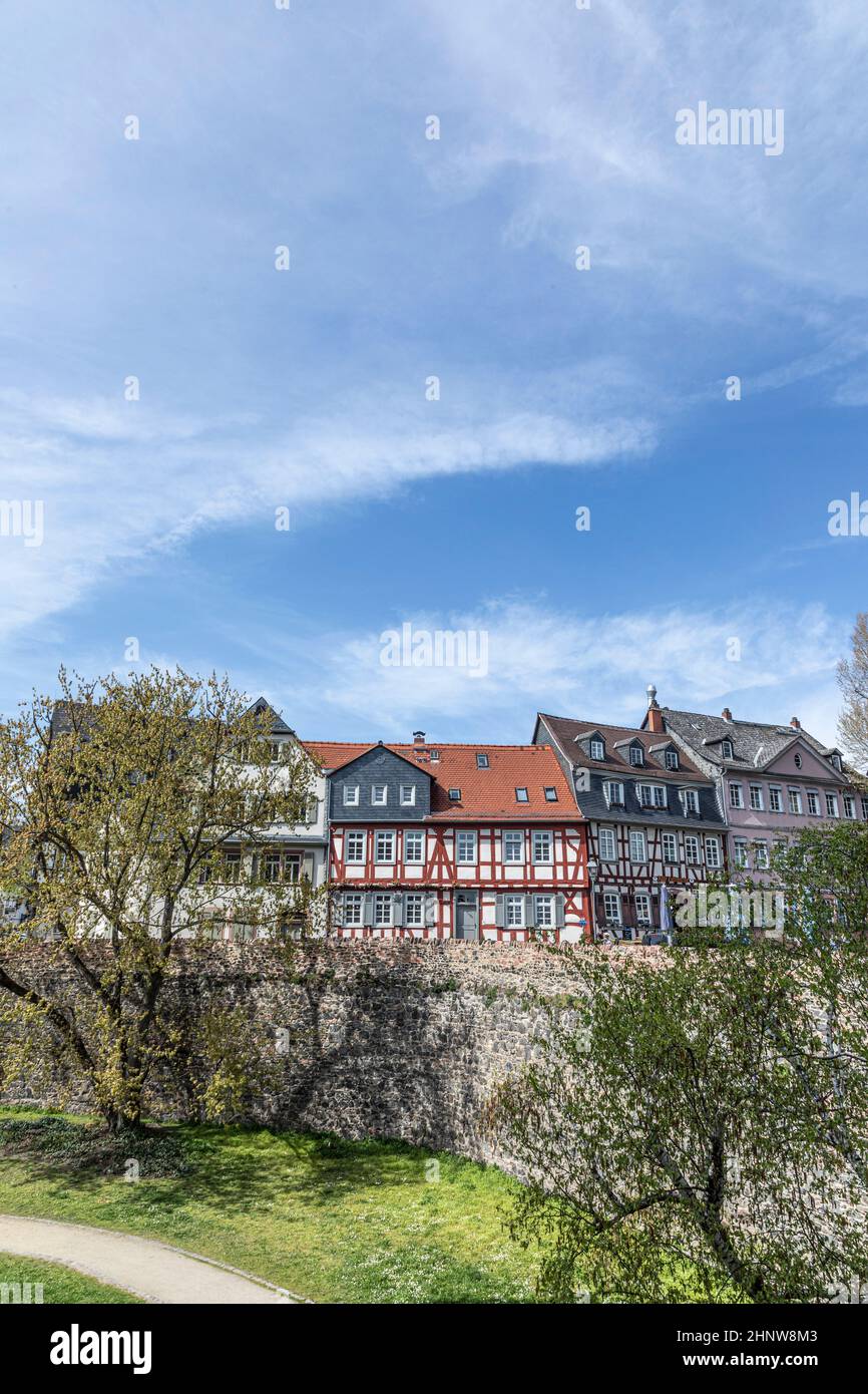 old historic market square in Frankfurt Hoechst. with half timbered