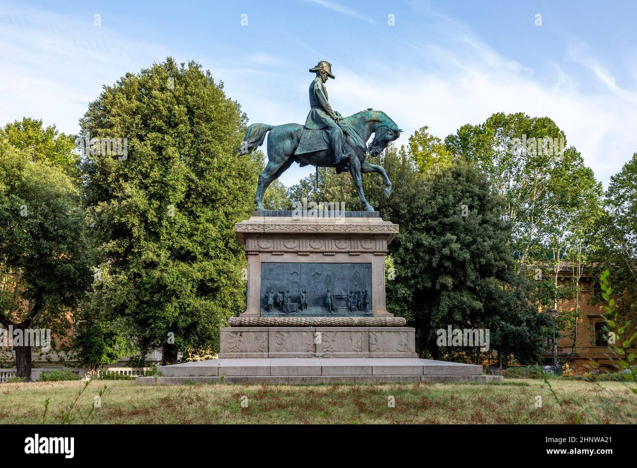 public park Giardino in Rome with rider statue of  Carlo Alberto In Rome, Italy Stock Photo