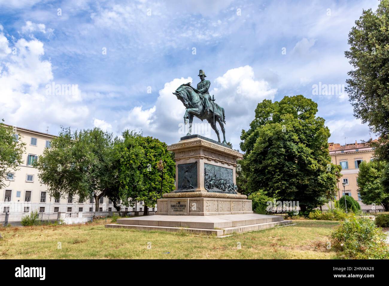 public park Giardino in Rome with rider statue of  Carlo Alberto In Rome, Italy Stock Photo