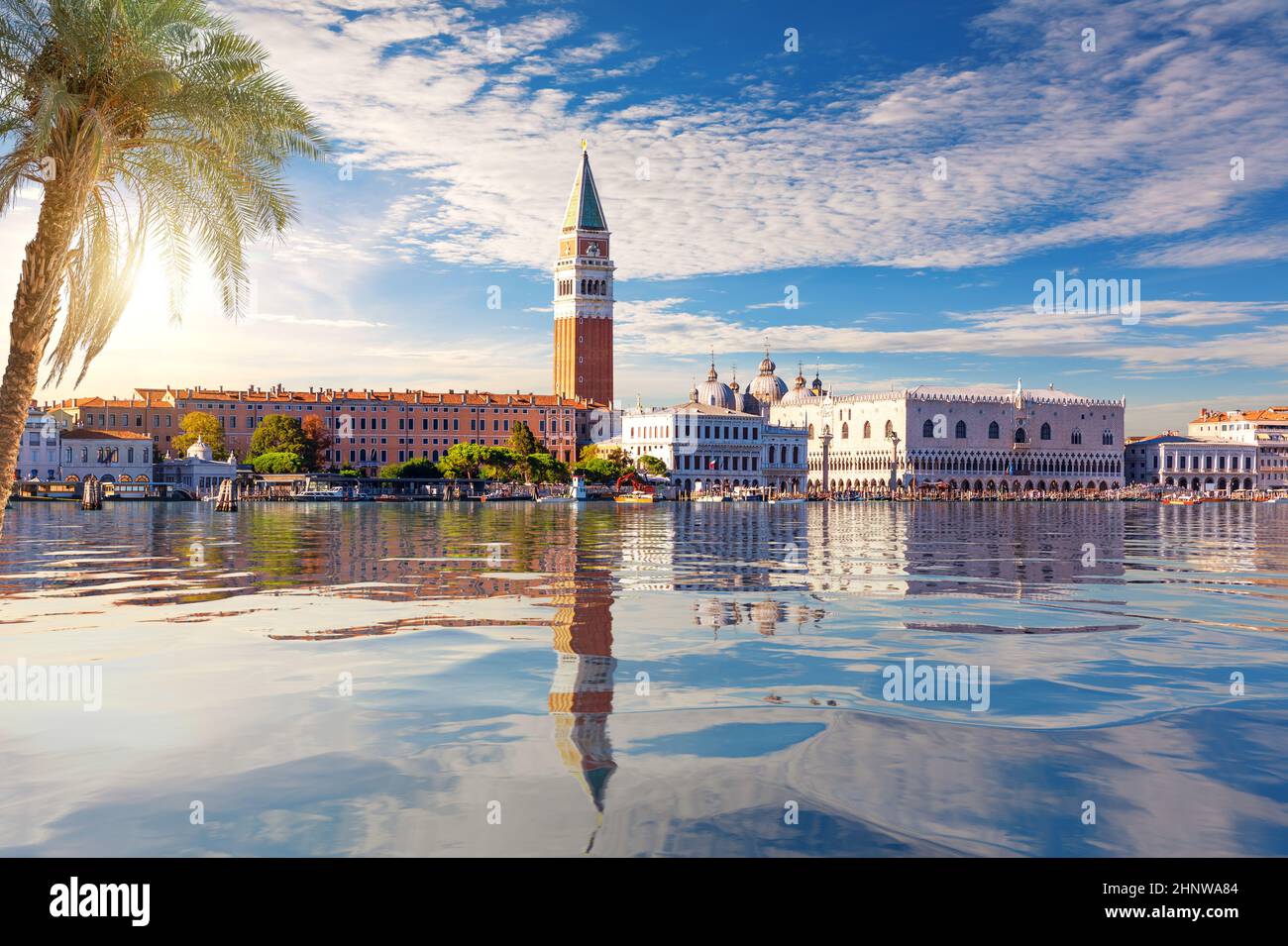 San Marco and Doge's Palace behind the palm, view from the lagoon of Venice, Italy. Stock Photo