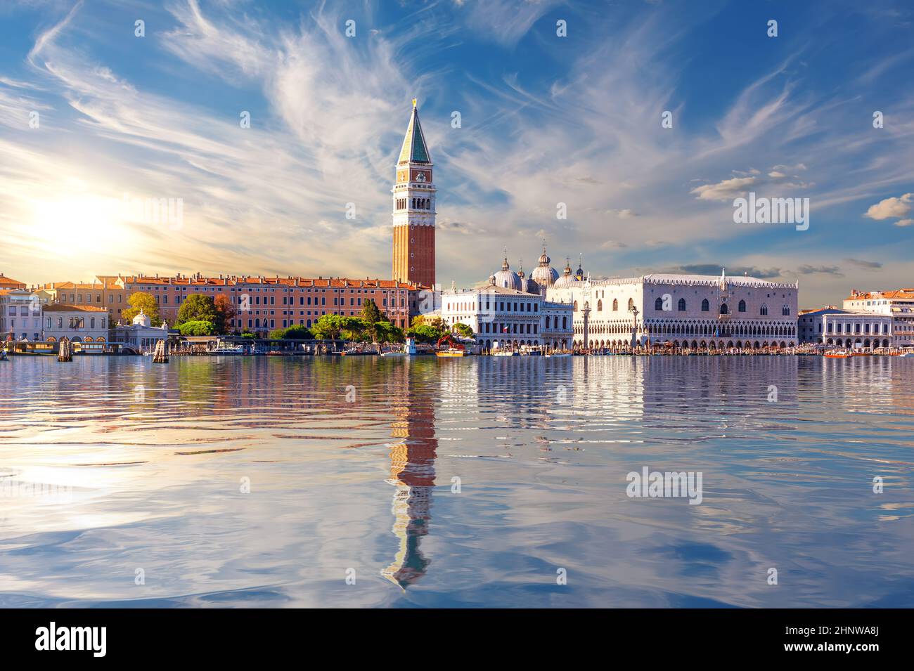 San Marco and Doge's Palace at sunset, view from the lagoon of Venice, Italy. Stock Photo