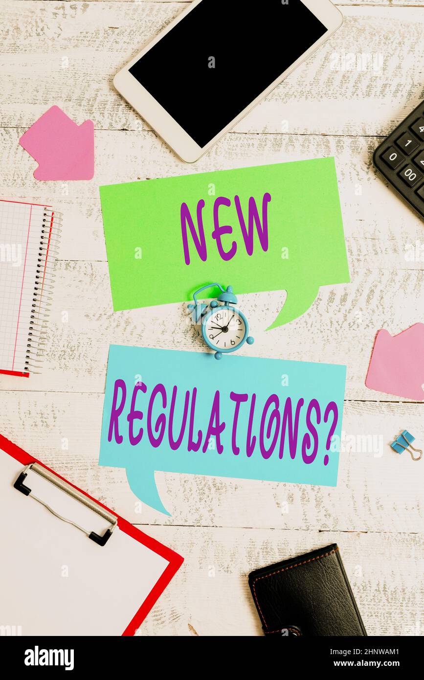 Handwriting text New Regulations Question, Internet Concept rules made government order control way something is done New Business Planning And Resear Stock Photo