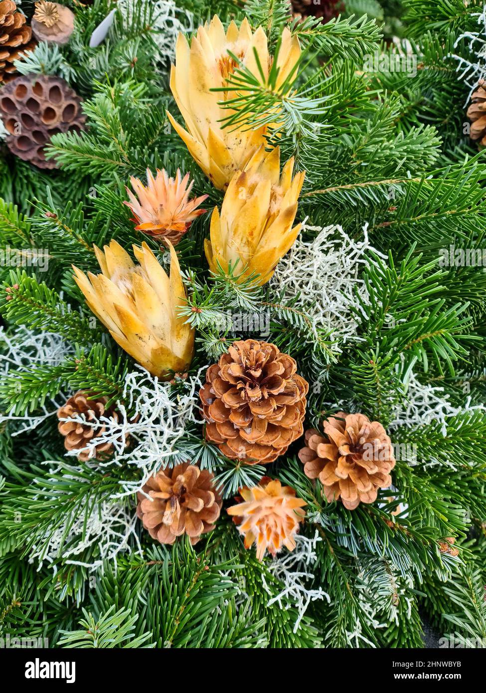 Selective focus of a beautiful arrangement of fir branches and cones at ...