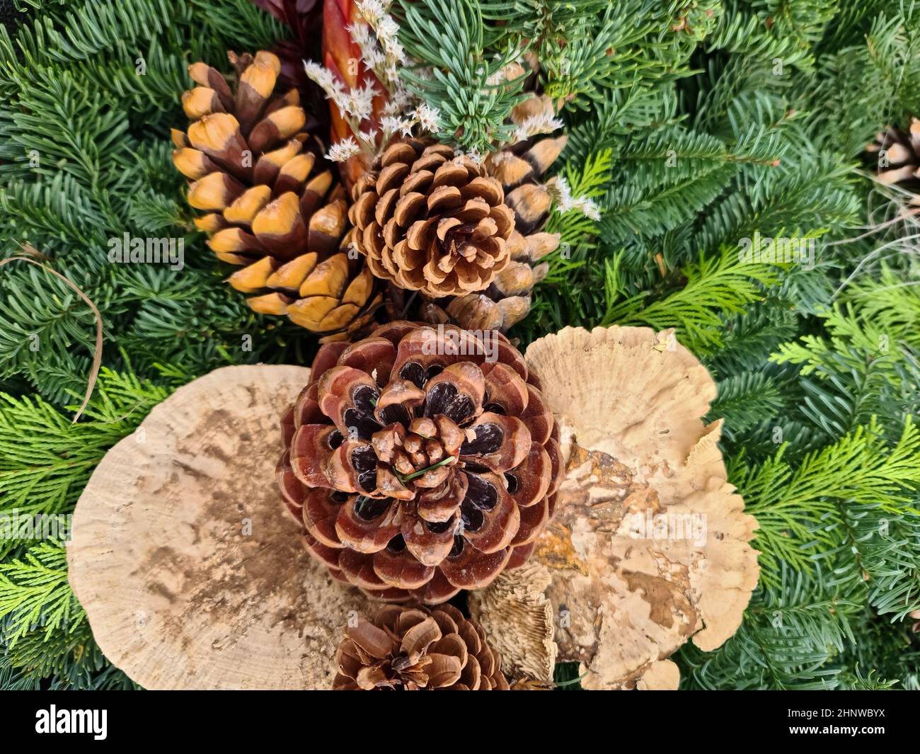 Selective focus of a beautiful arrangement of fir branches and cones at ...