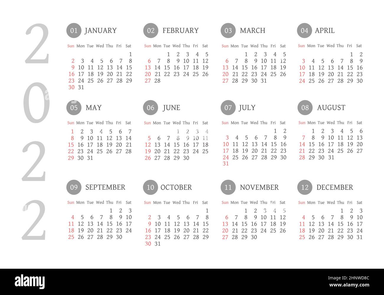 Calendar 2022 year. Black and white vector template. Week starts on ...