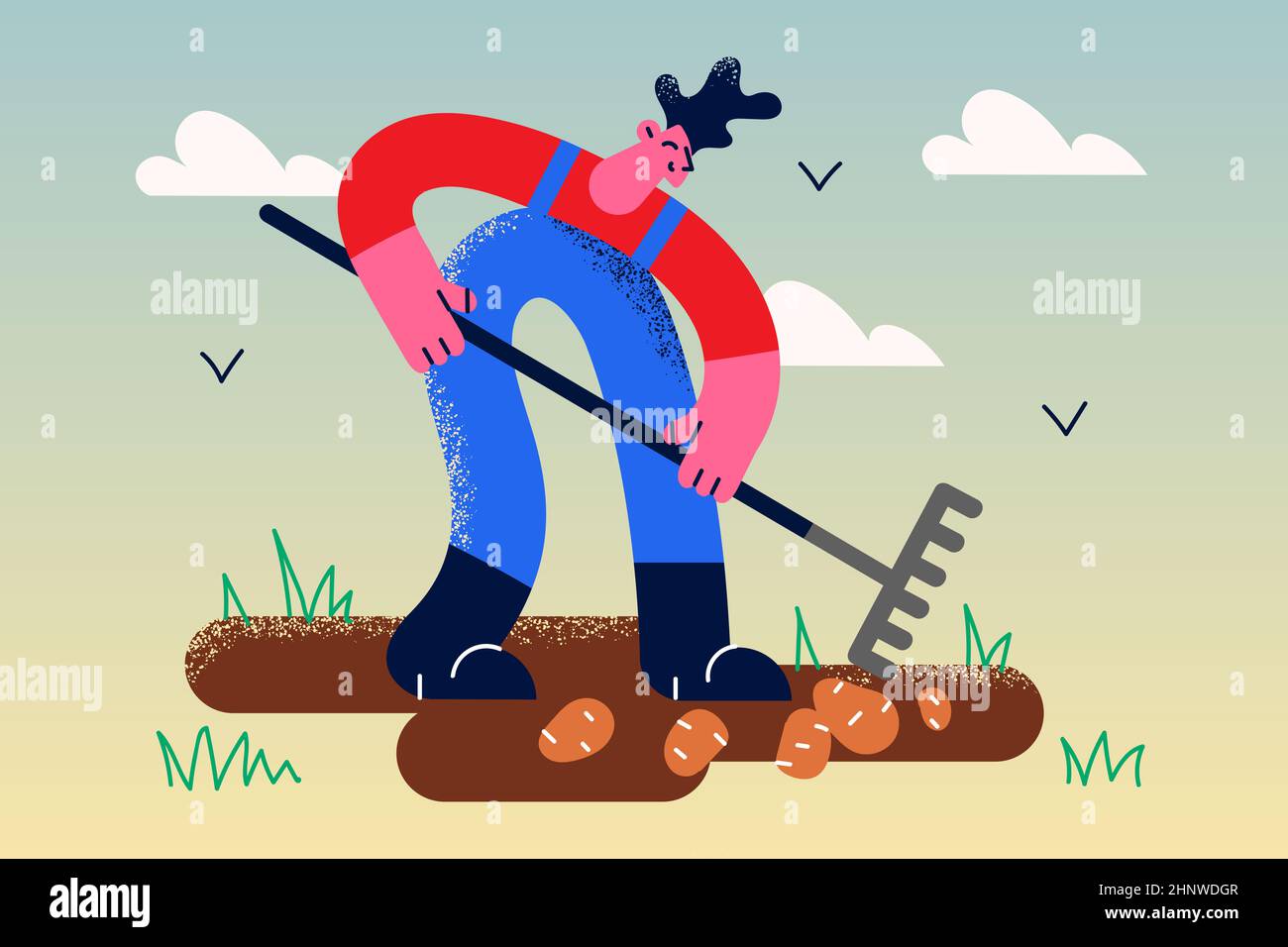 Growing potato and farming concept. Young positive man farmer with ...