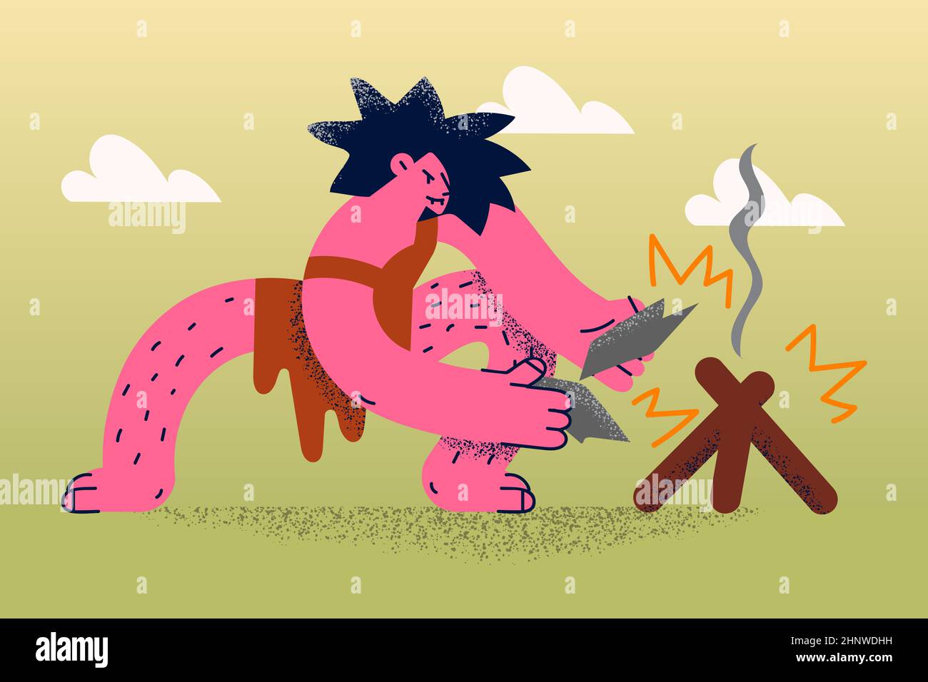 Ancient lifestyle and culture concept. Man aboriginal cartoon character wearing skin sitting and making fire with woods and stone vector illustration Stock Photo