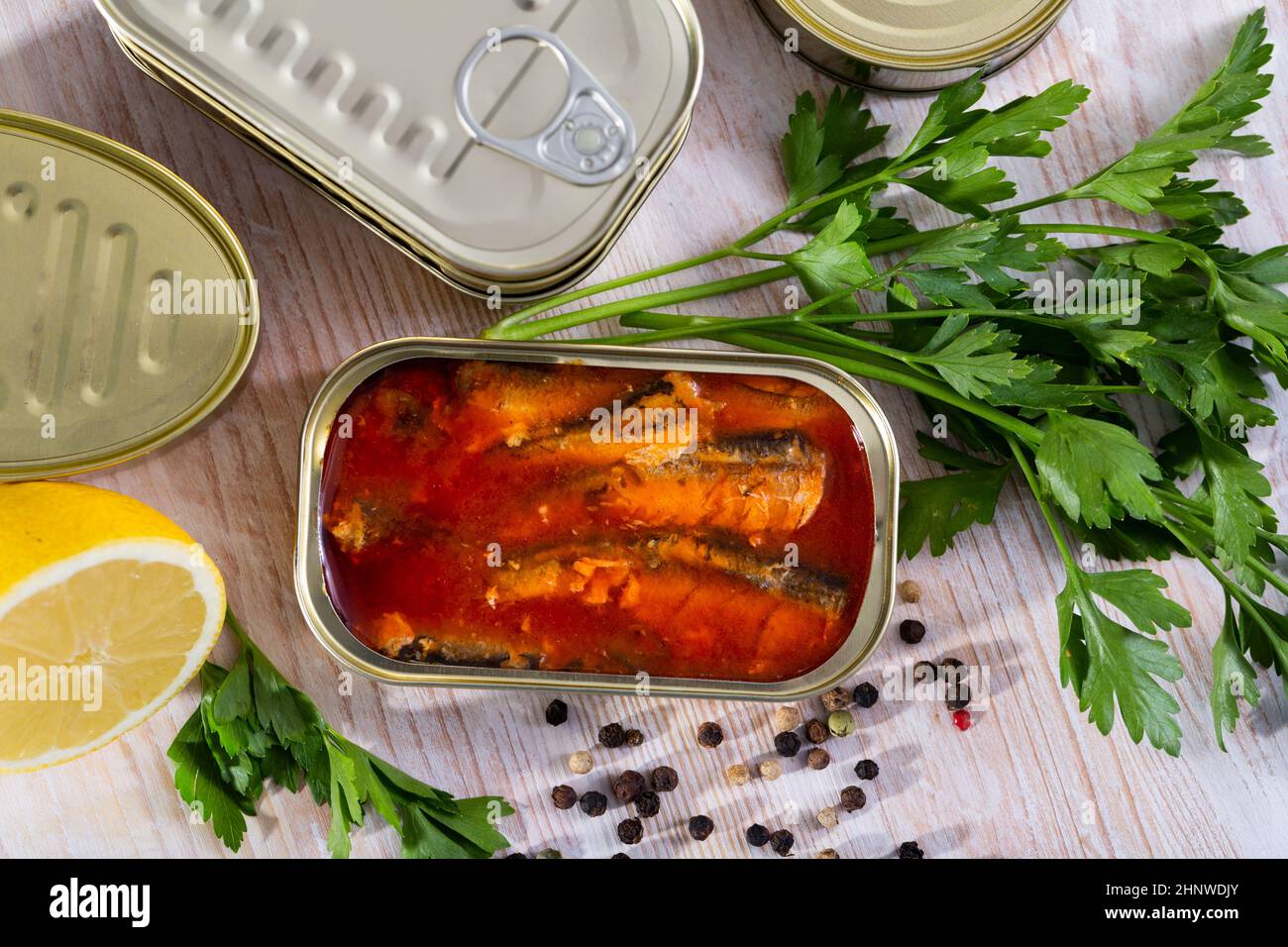 Canned fish sardines in tomato sauce Stock Photo Alamy