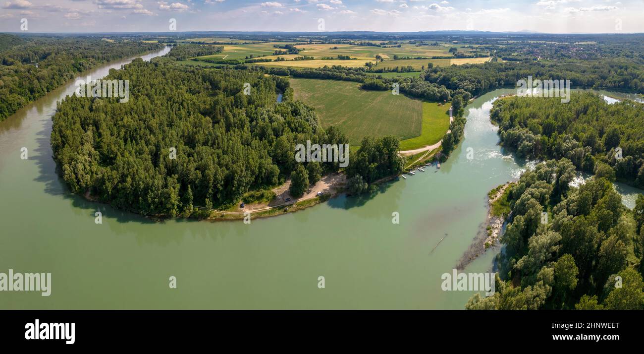 Halas Carda. Aerial view of Drava and Mura rivers mouth, Podravina region of Croatia, border with Hungary Stock Photo