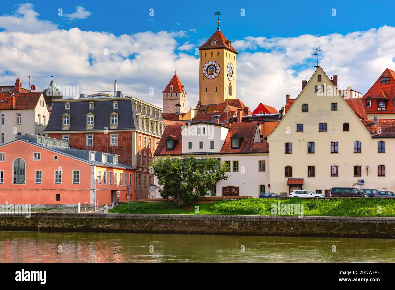 Sunny Stone Bridge and Old Town of Regensburg, eastern Bavaria, Germany Stock Photo