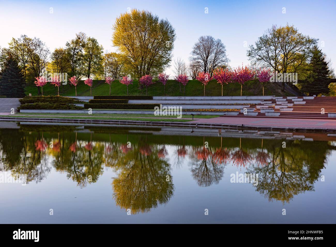 Small lake and rosarium in Cytadela park at spring morning, Poznan, Poland Stock Photo