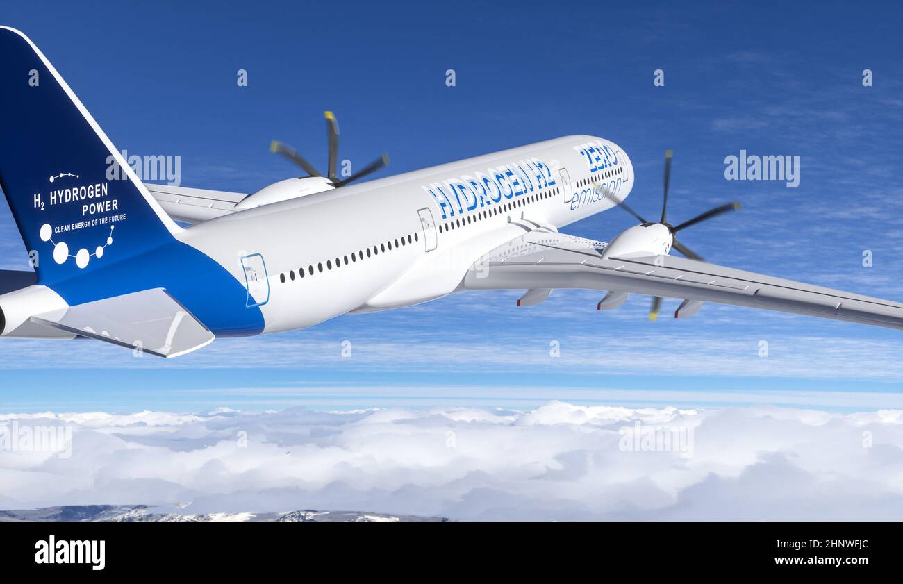 Hydrogen filled H2 propeller Airplane flying in the sky future H2