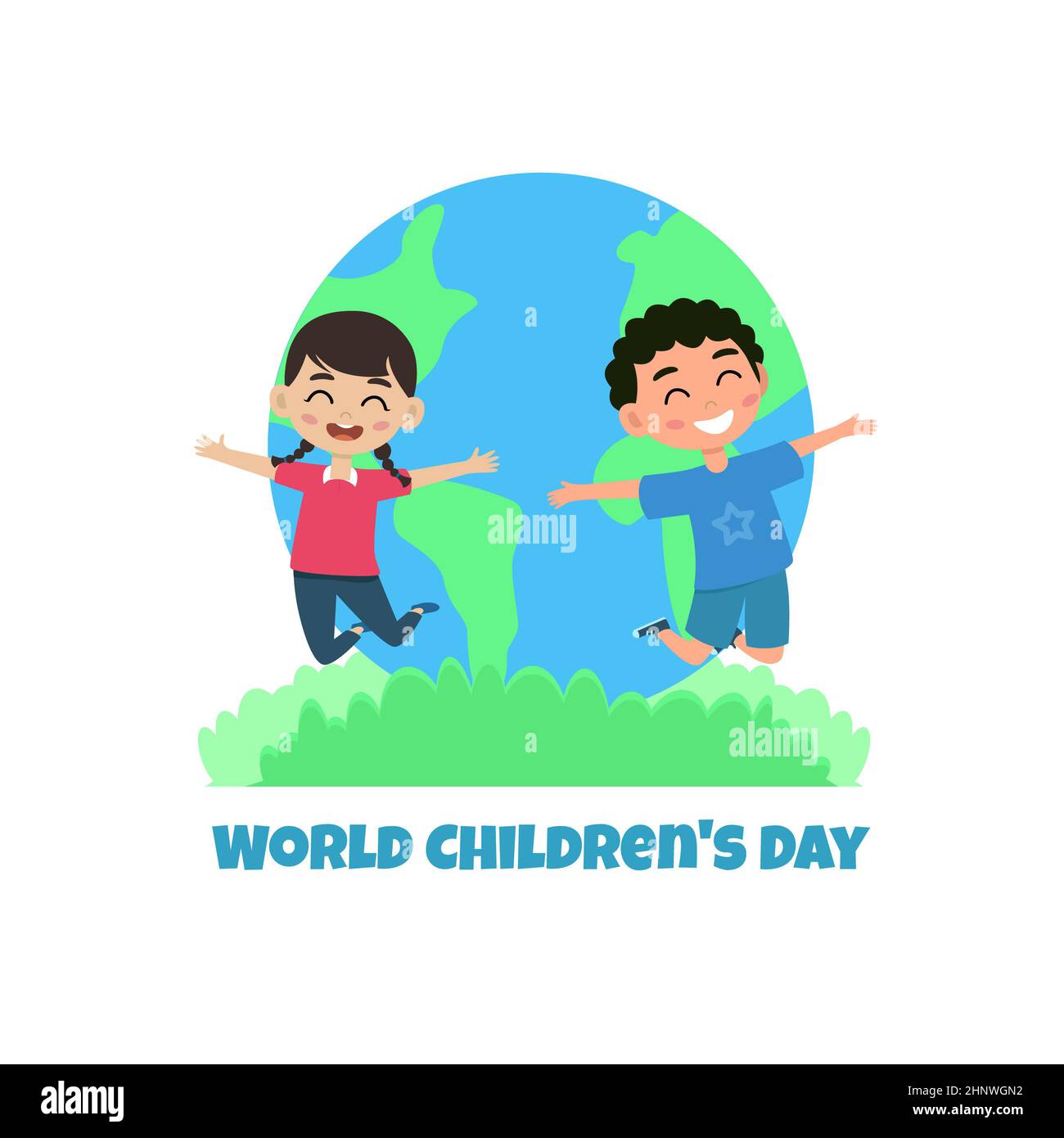 Happy children's day poster concept. Joyful kids having fun with glove earth on background. Flat vector illustration isolated on white. International Stock Photo