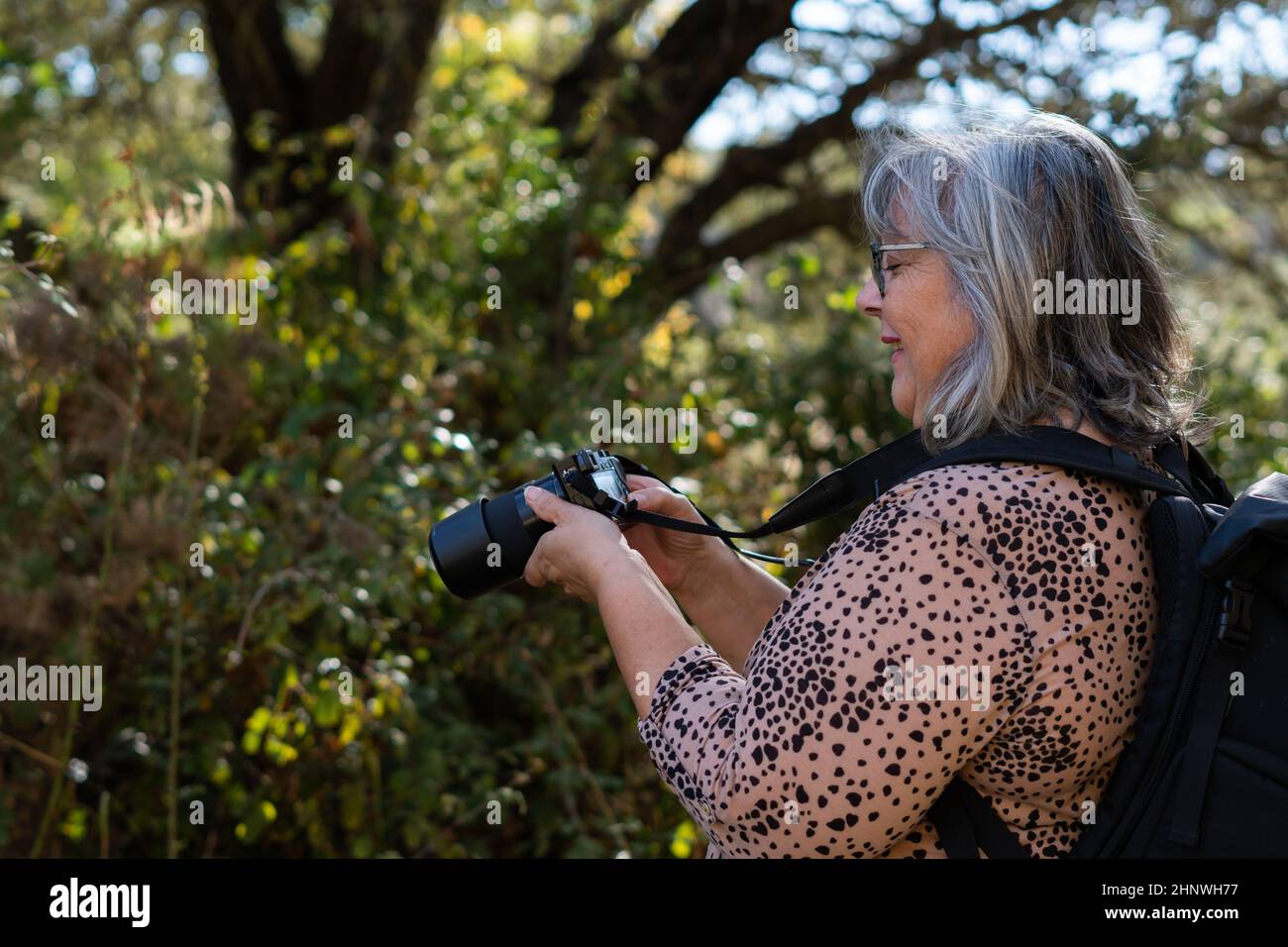 older white-haired woman taking pictures in the forest Stock Photo - Alamy