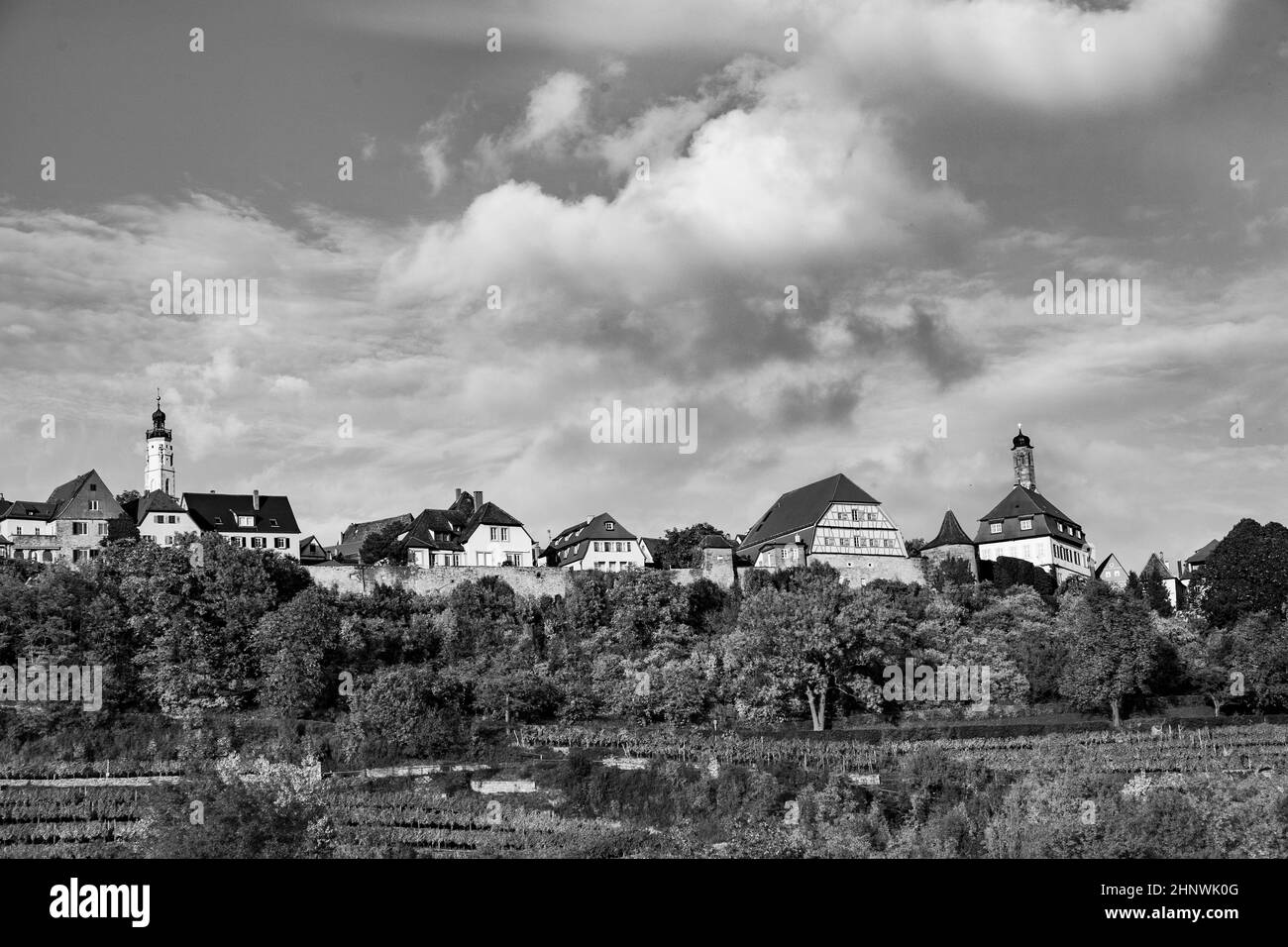 Rothenburg ob der Tauber, old famous city from medieval times seen from the romantic valley of the river Tauber Stock Photo