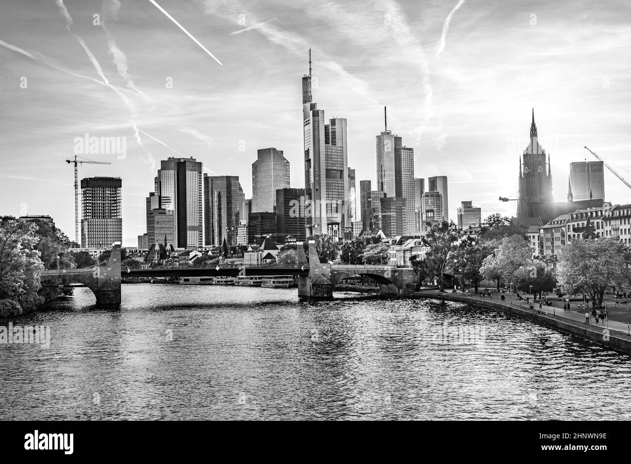 Skyline of frankfurt with river main Black and White Stock Photos ...