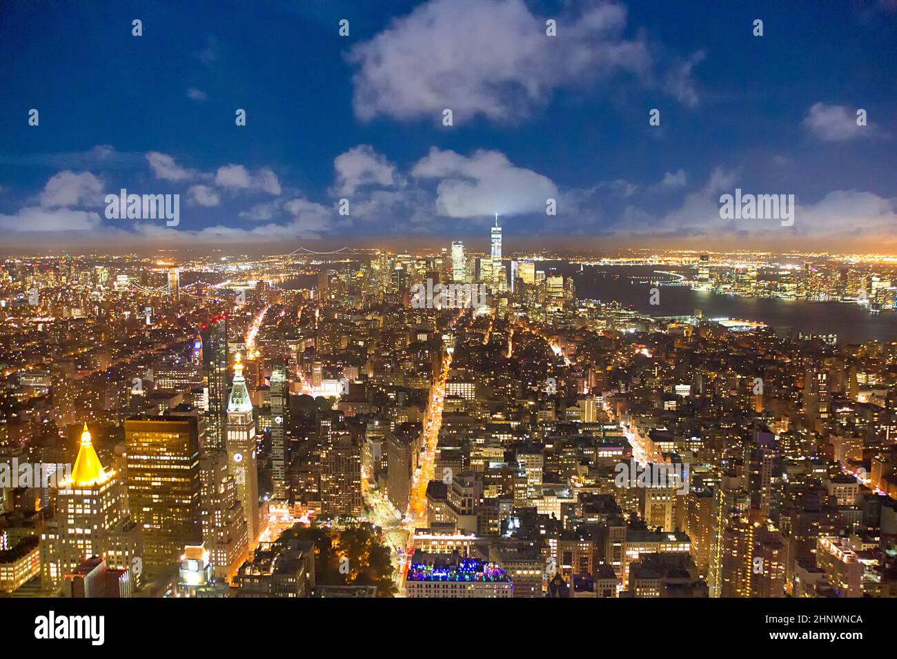 spectacular aerial of skyline of New York by night Stock Photo - Alamy