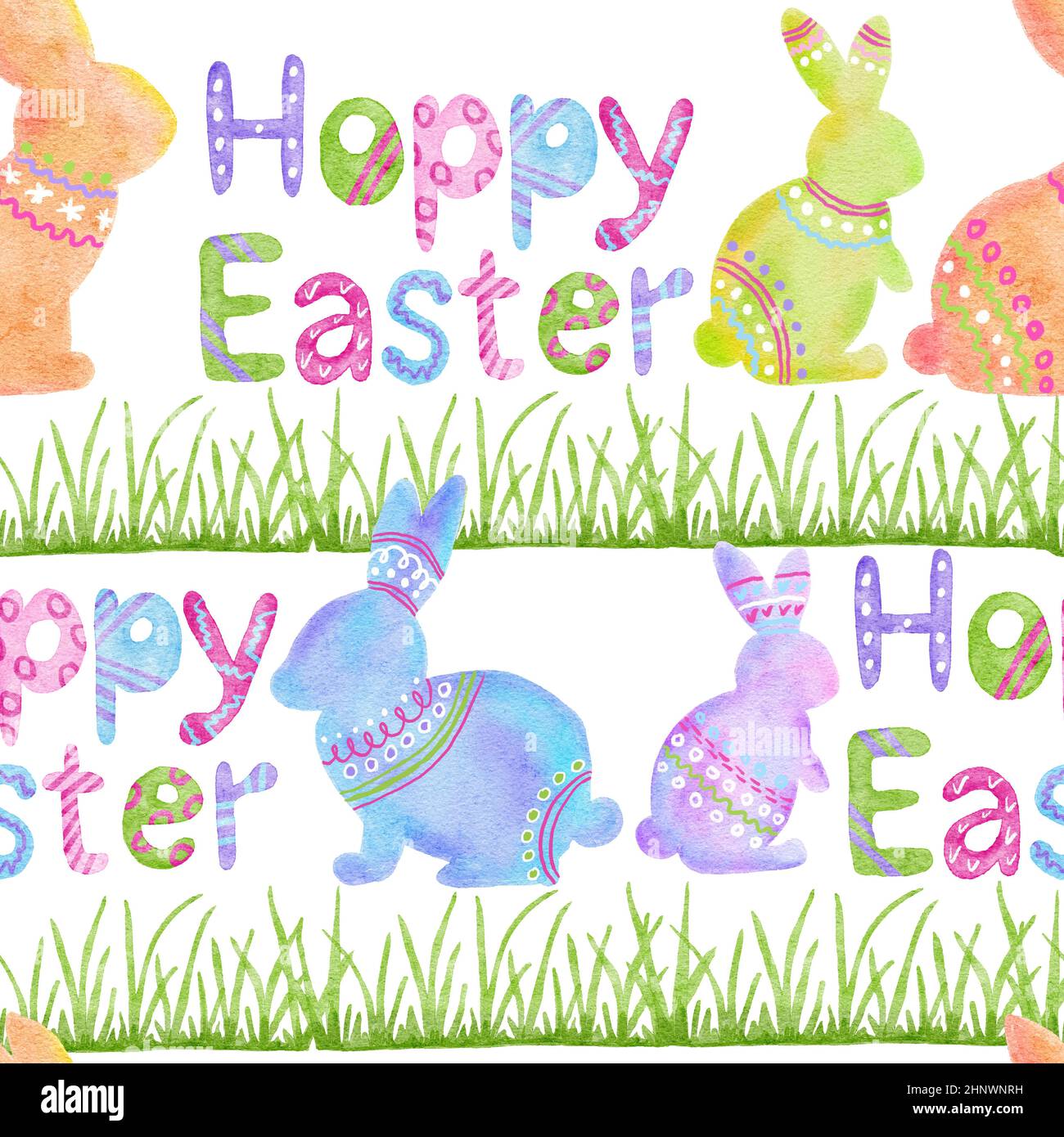 Watercolor seamless hand drawn pattern with pastel Easter bunnies rabbits. Bright colorful background with animal print for religious celebration spring decor, pink blue green colors grass polka dot elements Stock Photo