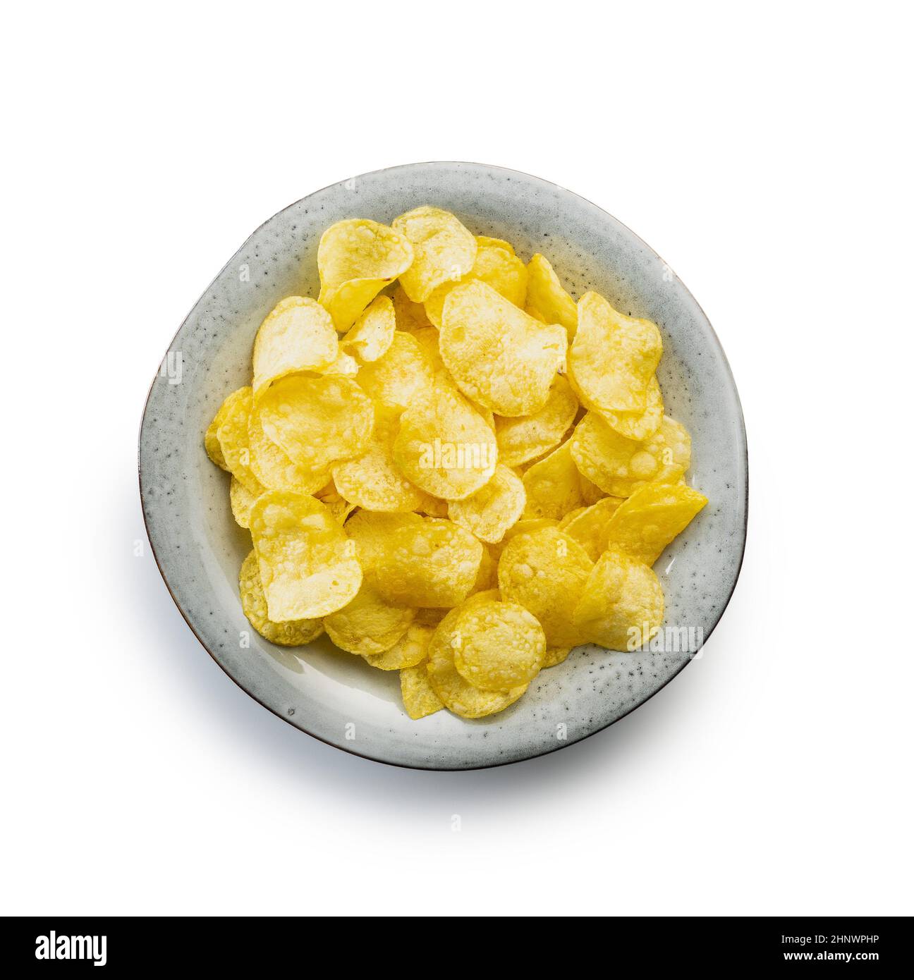 Crunchy potato chips. Potato crisps isolated on white background Stock