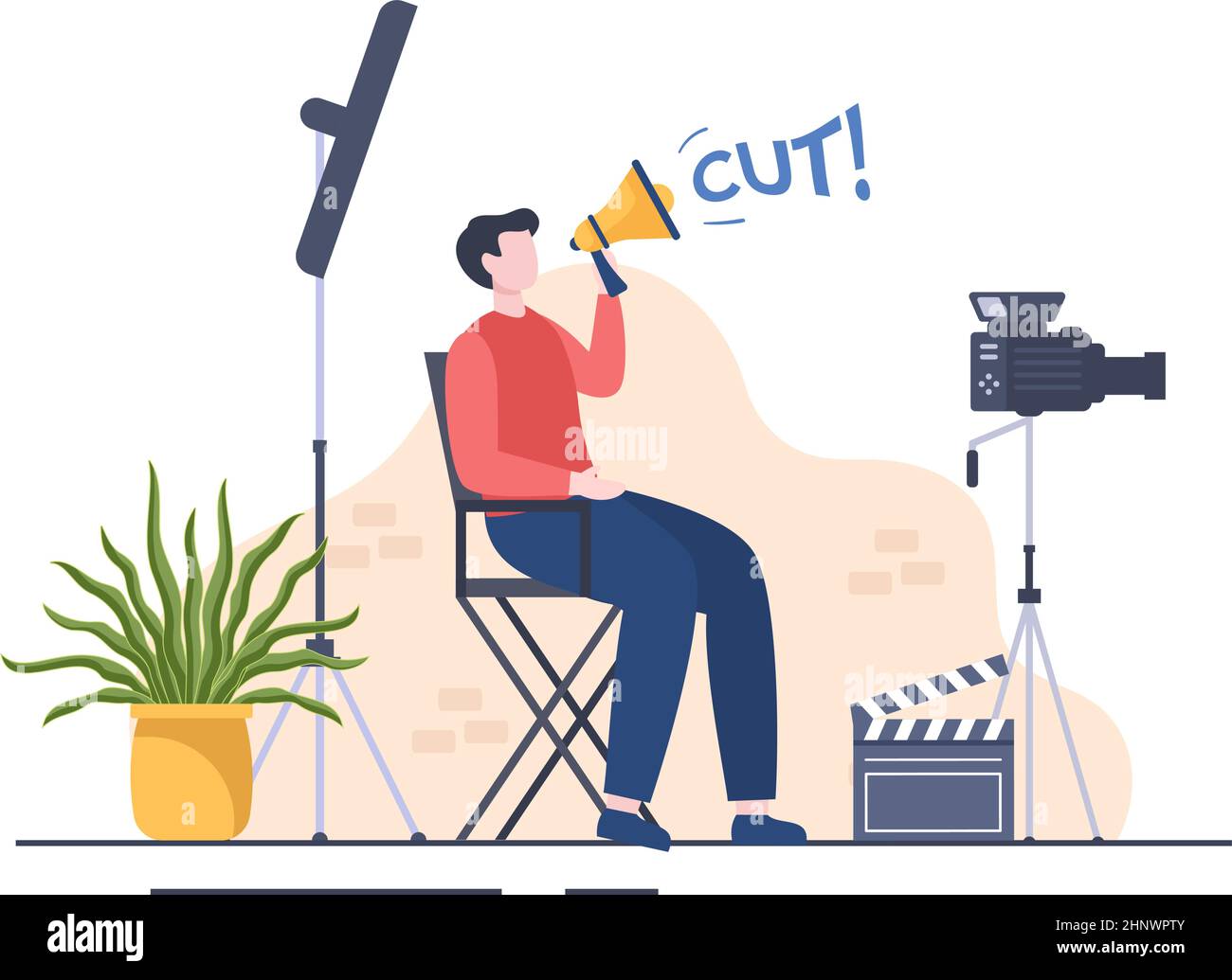 Movie Studio with Camera Crew Team People, Directur, lights, Microphone on Scene Shooting Location for Making Film in Flat Design Background Illustrat Stock Vector