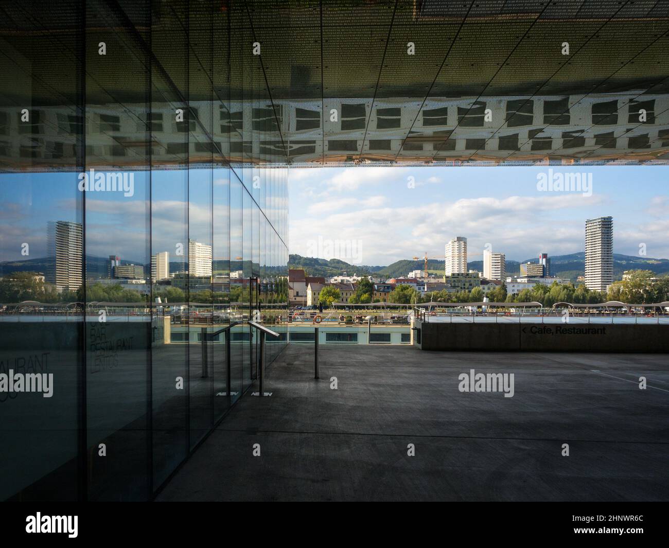 Linz Austria; Lentos Art Museum with Shore of Linz Urfahr on the Danube ...