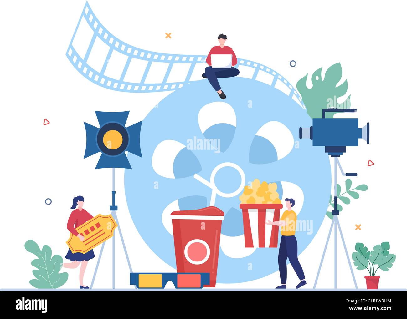 Movie Studio with Camera Crew Team People, Directur, lights, Microphone on Scene Shooting Location for Making Film in Flat Design Background Illustrat Stock Vector