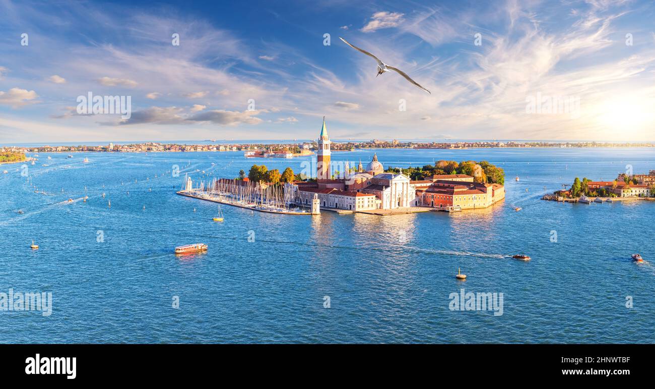 Aerial view of San Giorgio Maggiore Island in the lagoon of Venice, Italy. Stock Photo