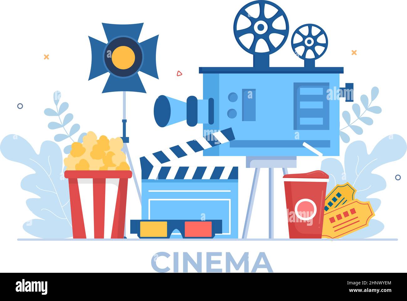 Movie Premiere Show or Cinema with Camera, Popcorn, Clapperboard, Film Tape and Reel in Flat Design Background Illustration Stock Vector