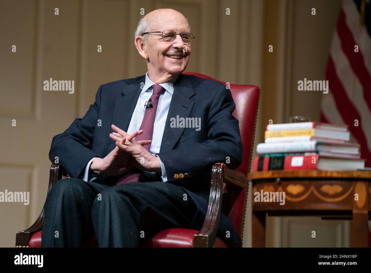 Washington DC, USA. 17th Feb, 2022. Associate Justice of the Supreme Court Stephen G. Breyer smiles during an event at the Library of Congress for the 2022 Supreme Court Fellows Program hosted by the Law Library of Congress, Thursday, February 17, 2022, in Washington. Credit: Evan Vucci/Pool via CNP /MediaPunch Credit: MediaPunch Inc/Alamy Live News Stock Photo