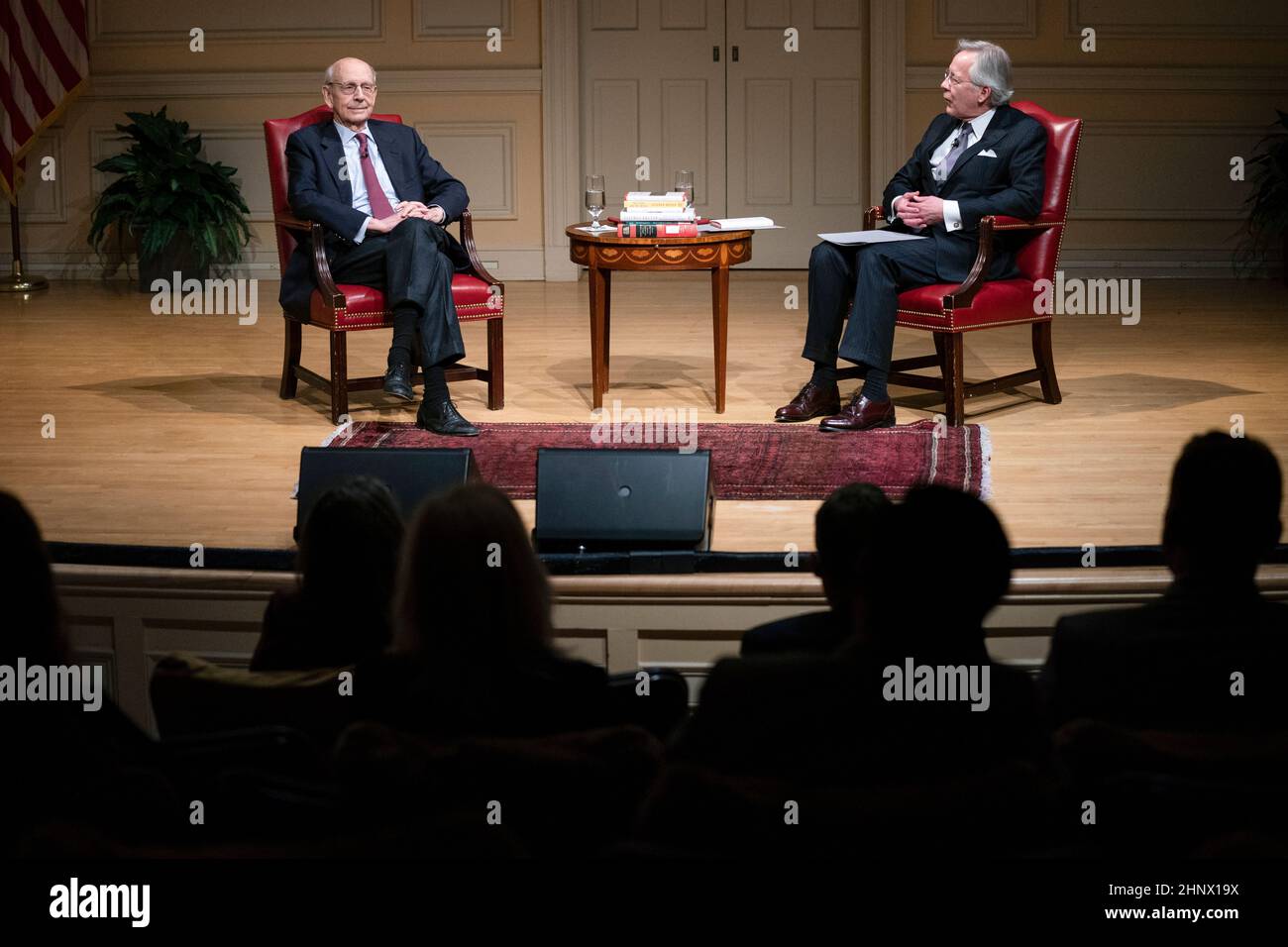 Washington DC, USA. 17th Feb, 2022. Associate Justice of the Supreme Court Stephen G. Breyer, left, listens to a question from Counselor to the Chief Justice Jeffrey P. Minear during an event at the Library of Congress for the 2022 Supreme Court Fellows Program hosted by the Law Library of Congress, Thursday, February 17, 2022, in Washington. Credit: Evan Vucci/Pool via CNP /MediaPunch Credit: MediaPunch Inc/Alamy Live News Stock Photo