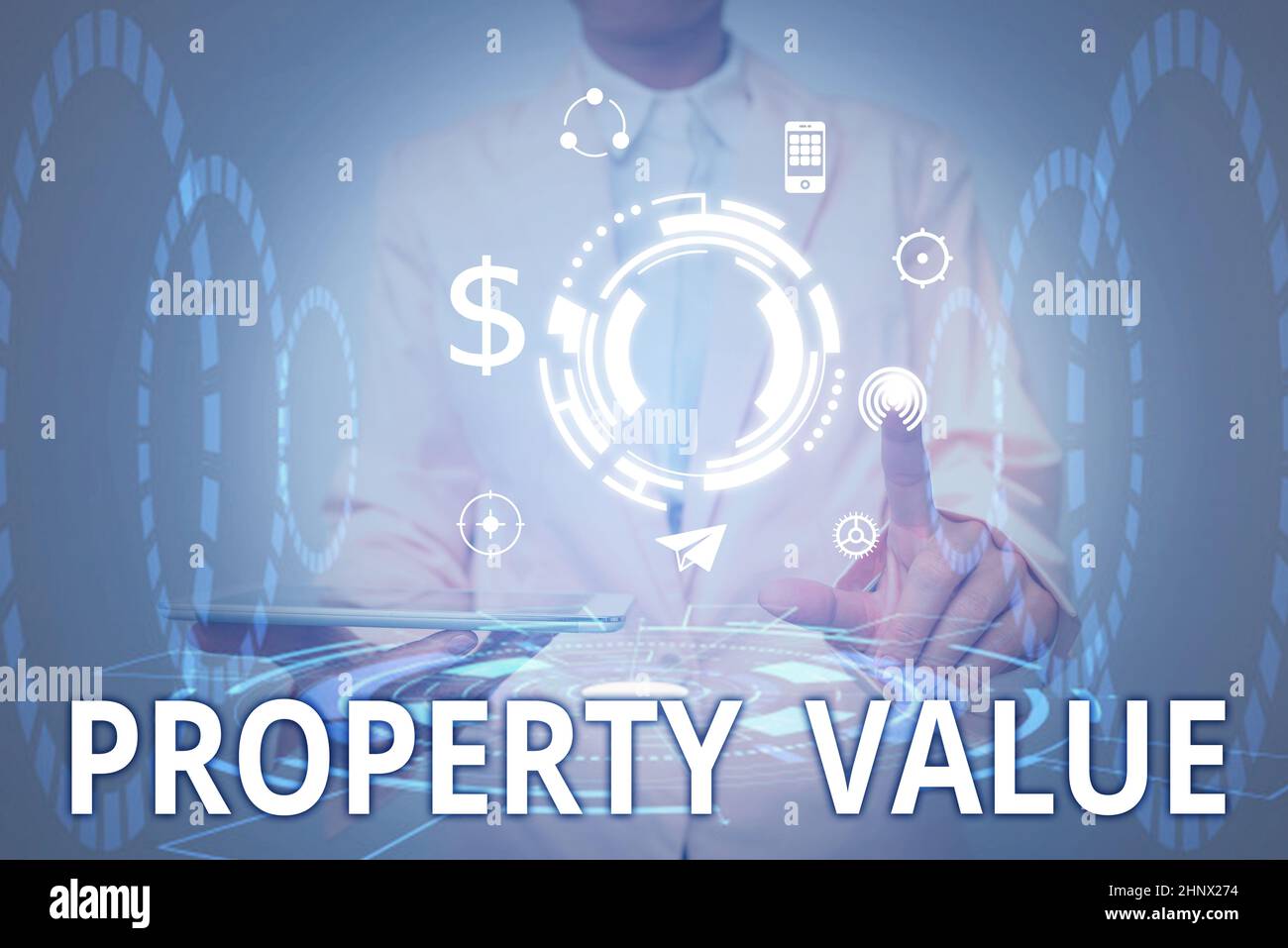 Text sign showing Property Value, Conceptual photo Worth of a land Real estate appraisal Fair market price Lady In Uniform Holding Tablet In Hand Virt Stock Photo