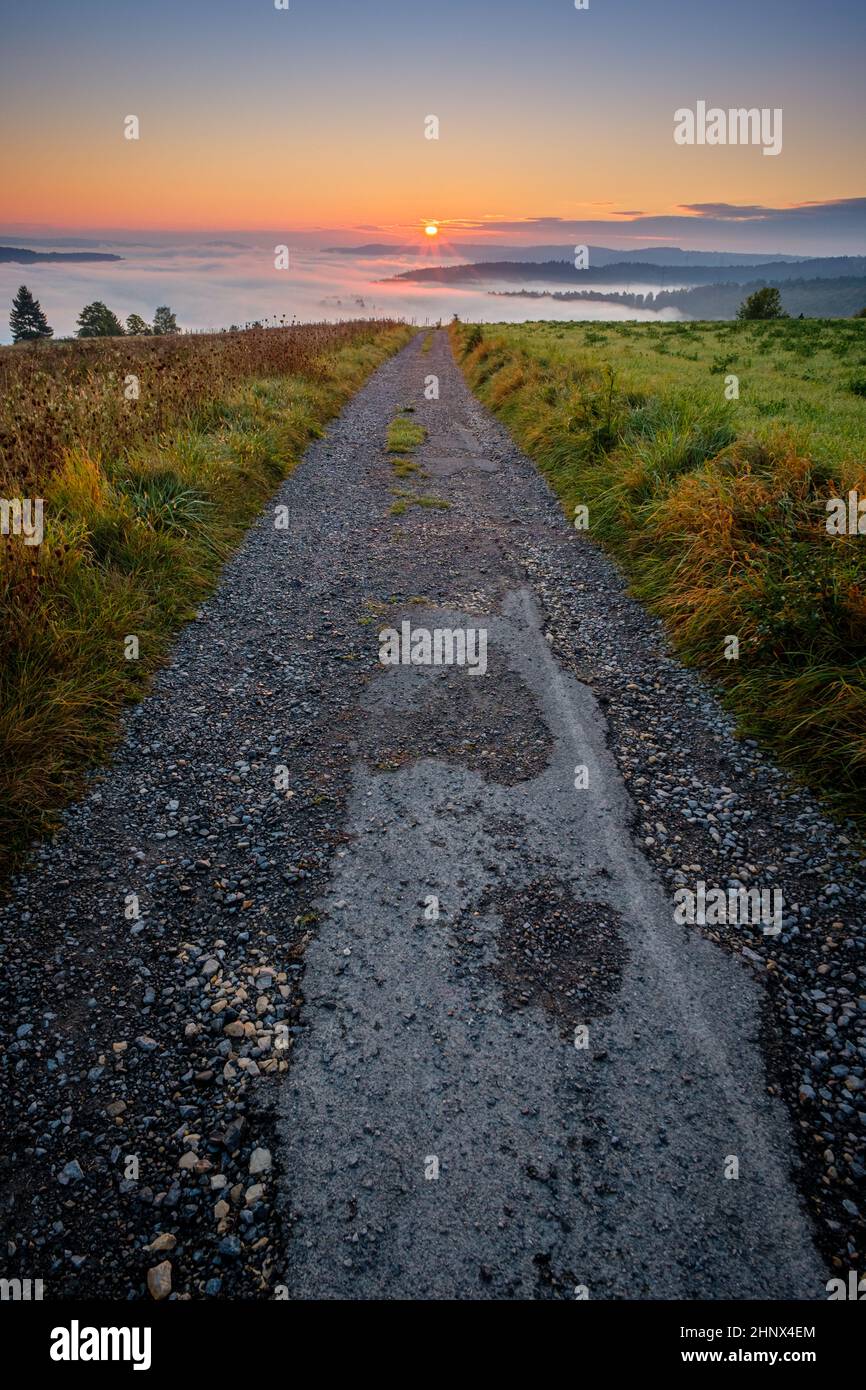 Field road in direction th the sun sunstar sunrise scene Stock Photo