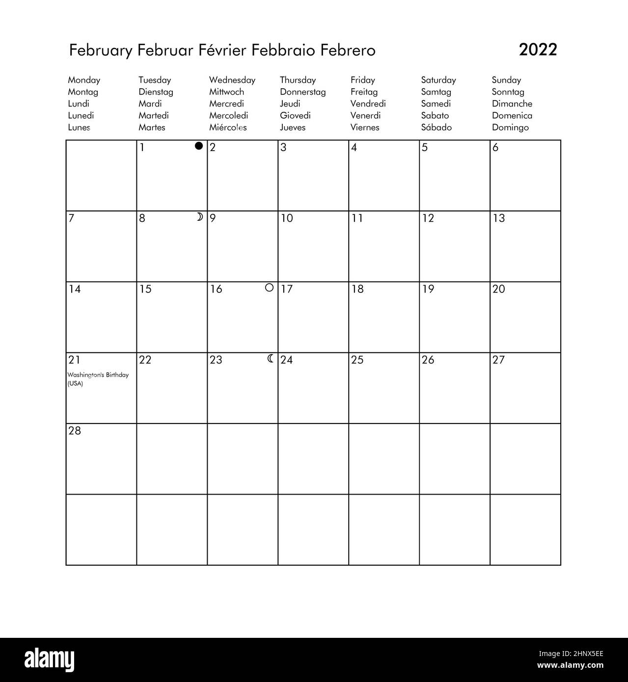 February international calendar of year 2022 with public holidays and bank holidays for UK USA Germany France Italy Spain Stock Photo