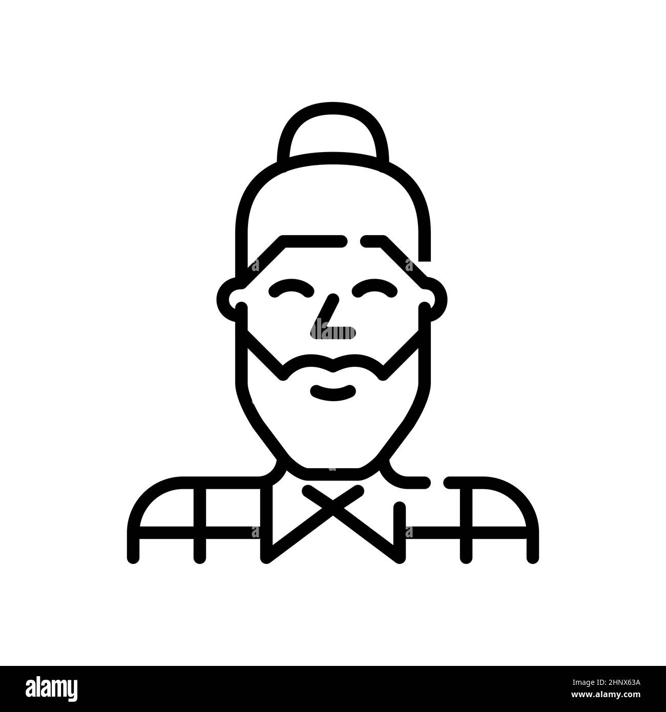 Good looking young hipster man with a bun and a beard wearing a shirt. Pixel perfect, editable stroke icon Stock Vector