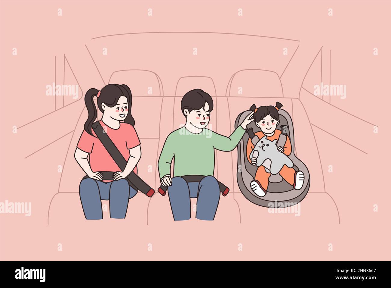 Smiling three kids of different age in car backseat use safety belts