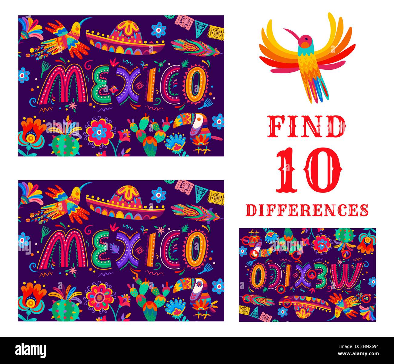 Find differences game worksheet with mexican birds, flowers and ...