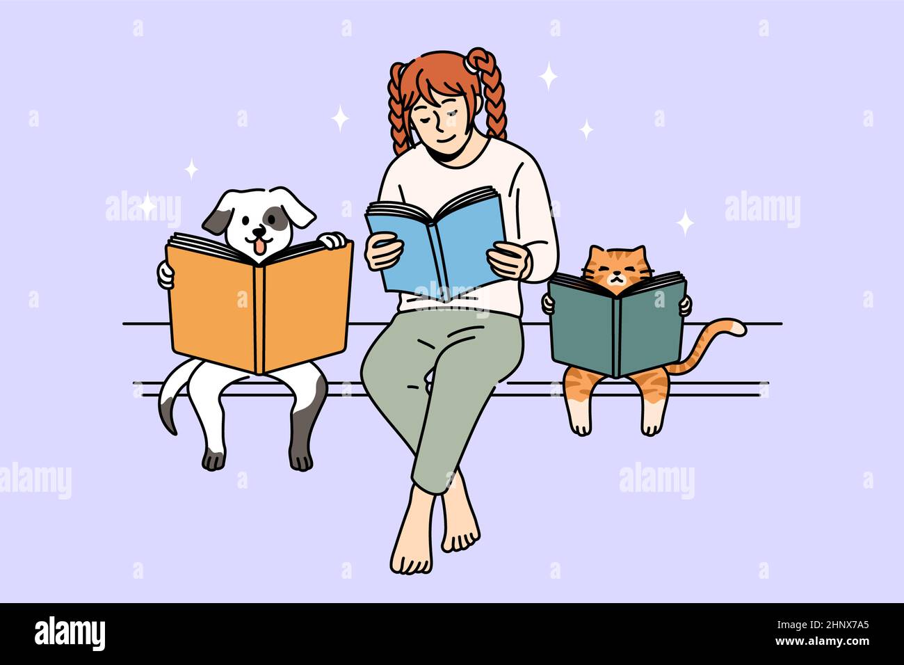 Reading book and funny education concept. Smiling positive girl funny dog and cat sitting on